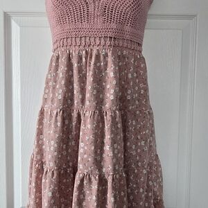 Bluenotes Dusty Rose Crochet Bodice Mini Babydoll Dress